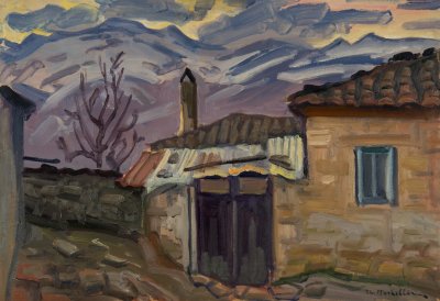 Sunset with Parnassus in Background — Oil painting, Fiberboard, 38.00×55.00cm — Theodoros Markellos